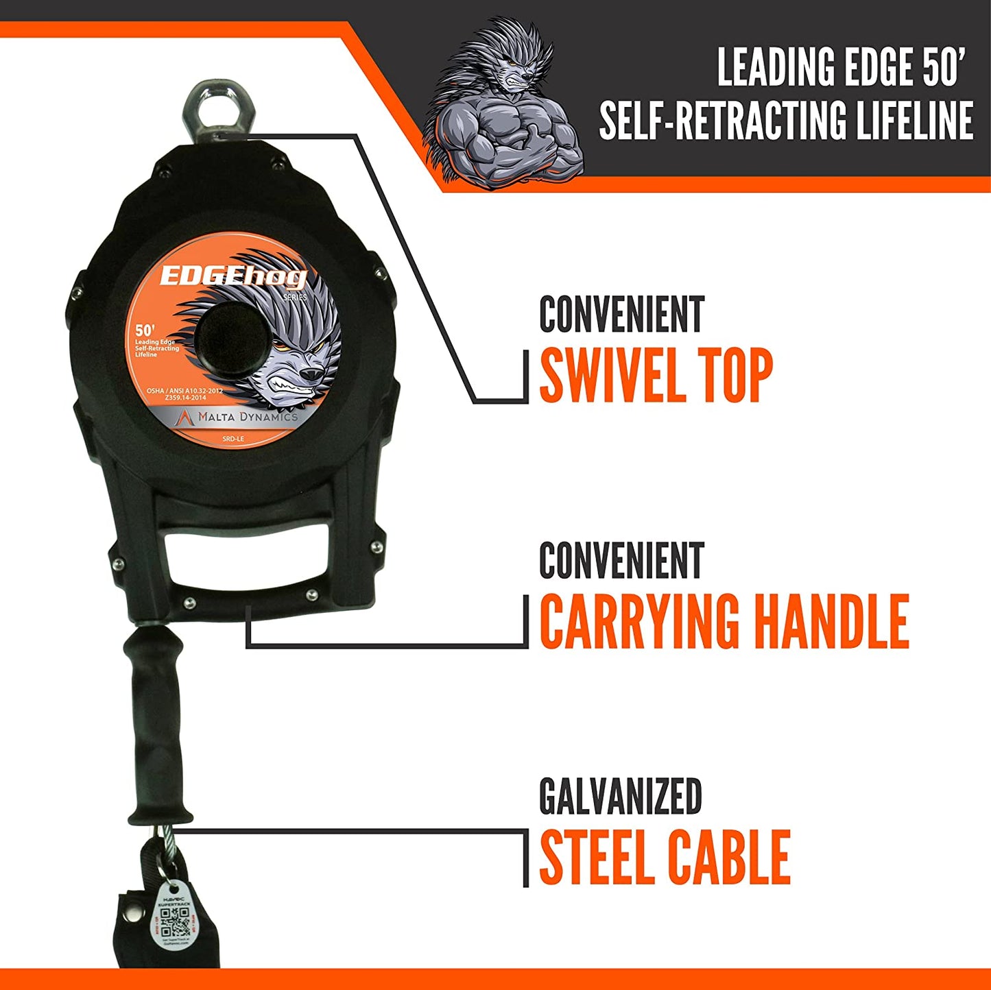 20’, 30’ & 50’ EDGEHOG SRL W/ SNAP HOOK, CLASS 2