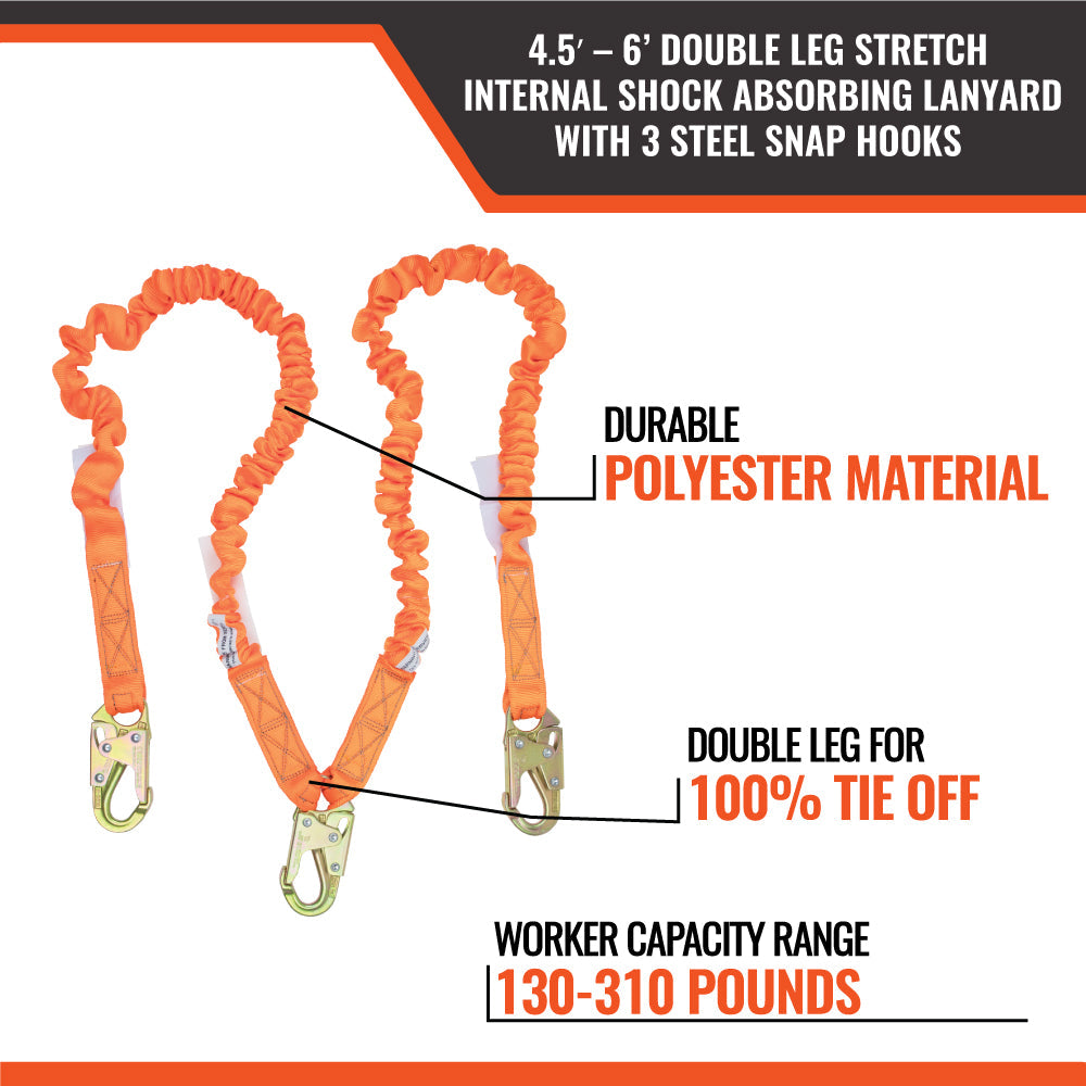 4.5' - 6’ DOUBLE LEG STRETCH INTERNAL SHOCK ABSORBING LANYARD WITH 3 STEEL SNAP HOOKS
