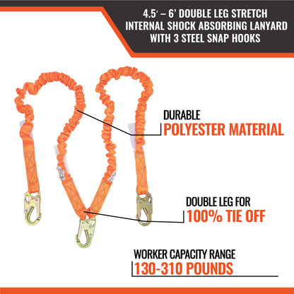 4.5' - 6’ DOUBLE LEG STRETCH INTERNAL SHOCK ABSORBING LANYARD WITH 3 STEEL SNAP HOOKS