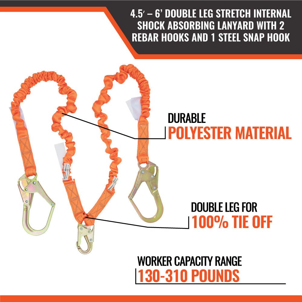 4.5' - 6’ DOUBLE LEG STRETCH INTERNAL SHOCK ABSORBING LANYARD WITH 2 REBAR HOOKS AND 1 STEEL SNAP HOOK