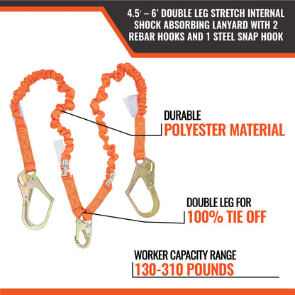 4.5' - 6’ DOUBLE LEG STRETCH INTERNAL SHOCK ABSORBING LANYARD WITH 2 REBAR HOOKS AND 1 STEEL SNAP HOOK
