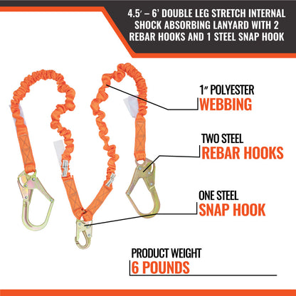 4.5' - 6’ DOUBLE LEG STRETCH INTERNAL SHOCK ABSORBING LANYARD WITH 2 REBAR HOOKS AND 1 STEEL SNAP HOOK
