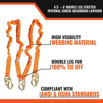 4.5' - 6’ DOUBLE LEG STRETCH INTERNAL SHOCK ABSORBING LANYARD WITH 3 STEEL SNAP HOOKS