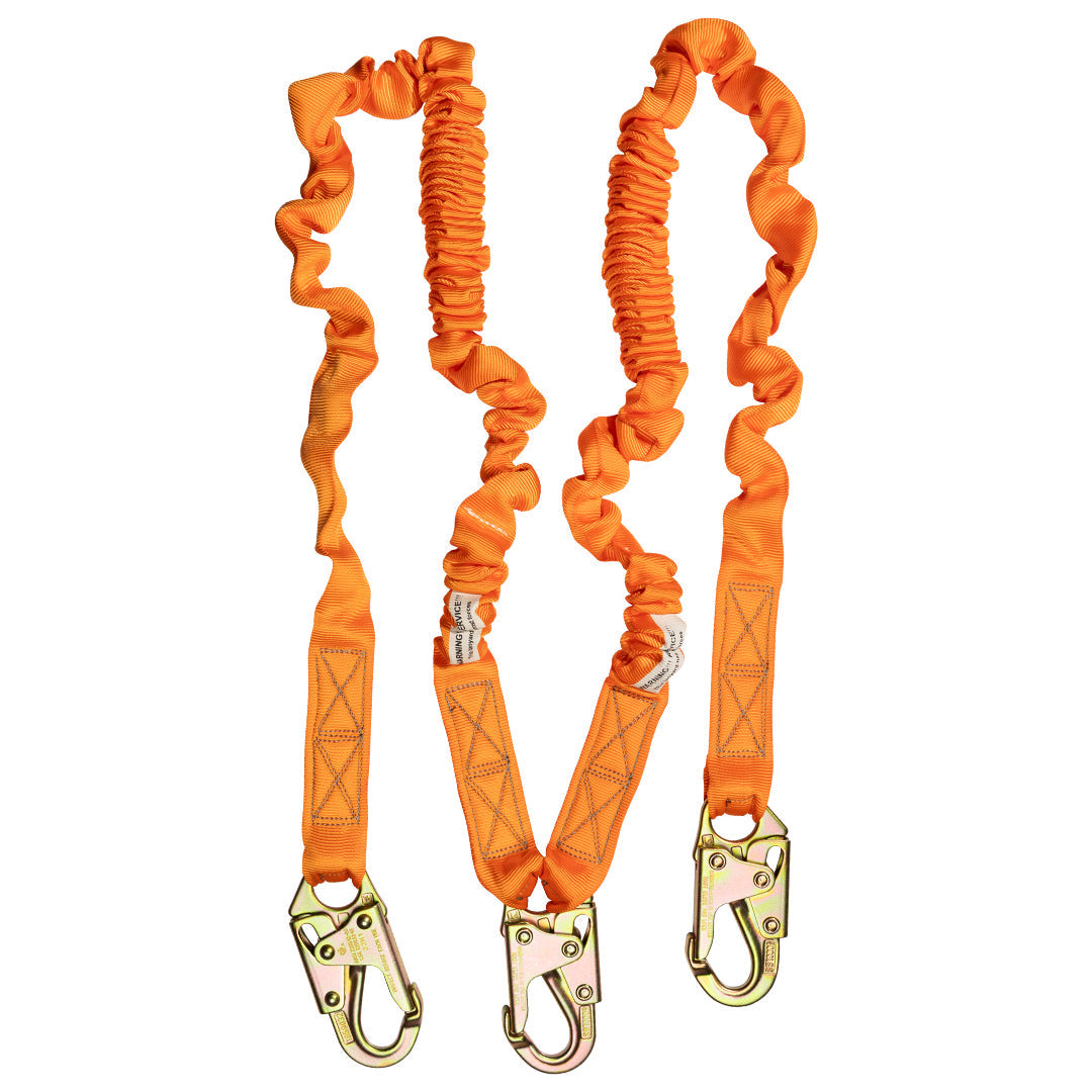 4.5' - 6’ DOUBLE LEG STRETCH INTERNAL SHOCK ABSORBING LANYARD WITH 3 STEEL SNAP HOOKS