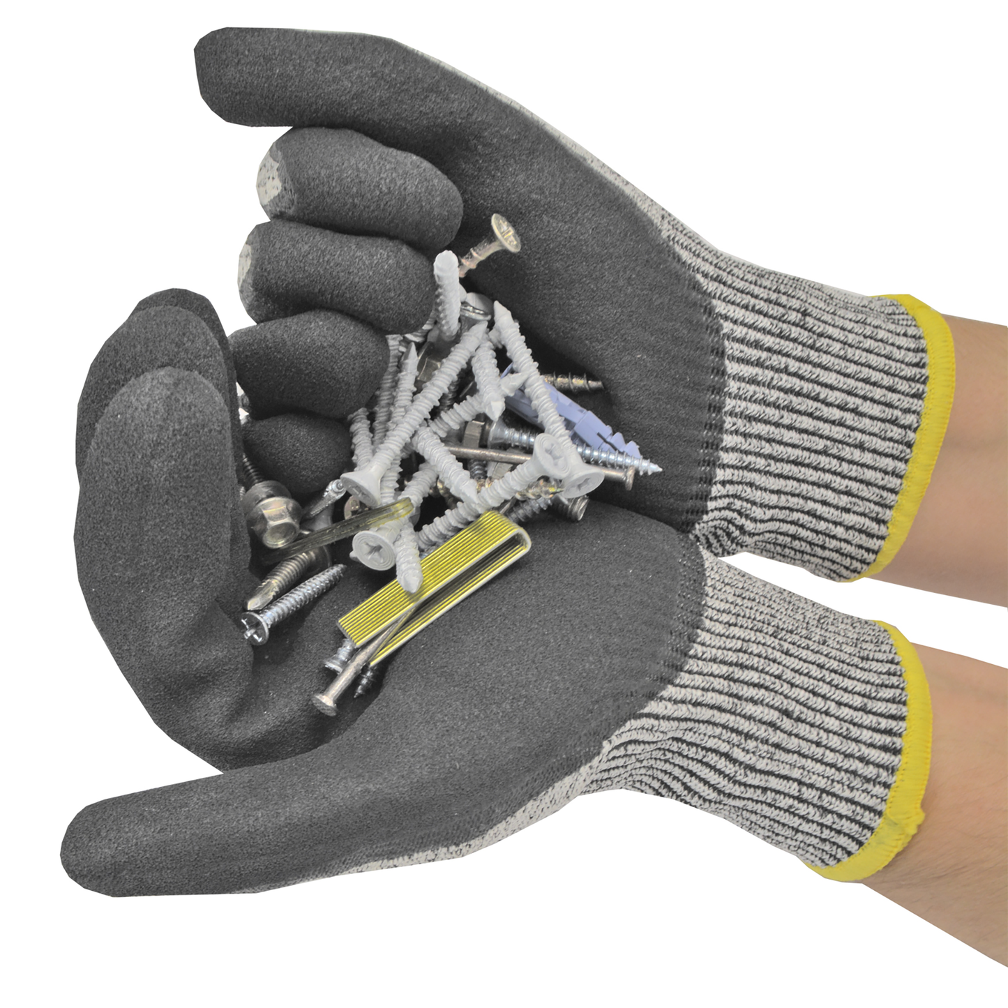 Cut-Resistant Safety Work Gloves with Sandy Nitrile Dipped Palms - Pack of 12