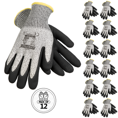 Cut-Resistant Safety Work Gloves with Sandy Nitrile Dipped Palms - Pack of 12