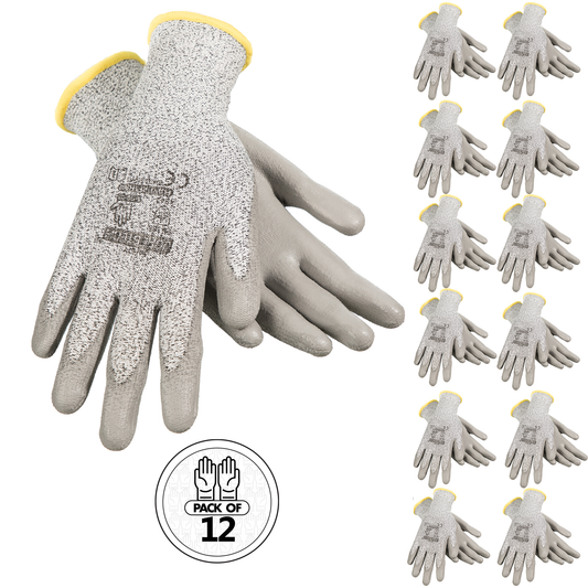 Cut-Resistant Safety Work Gloves with Polyurethane Dipped Palms - Pack of 12