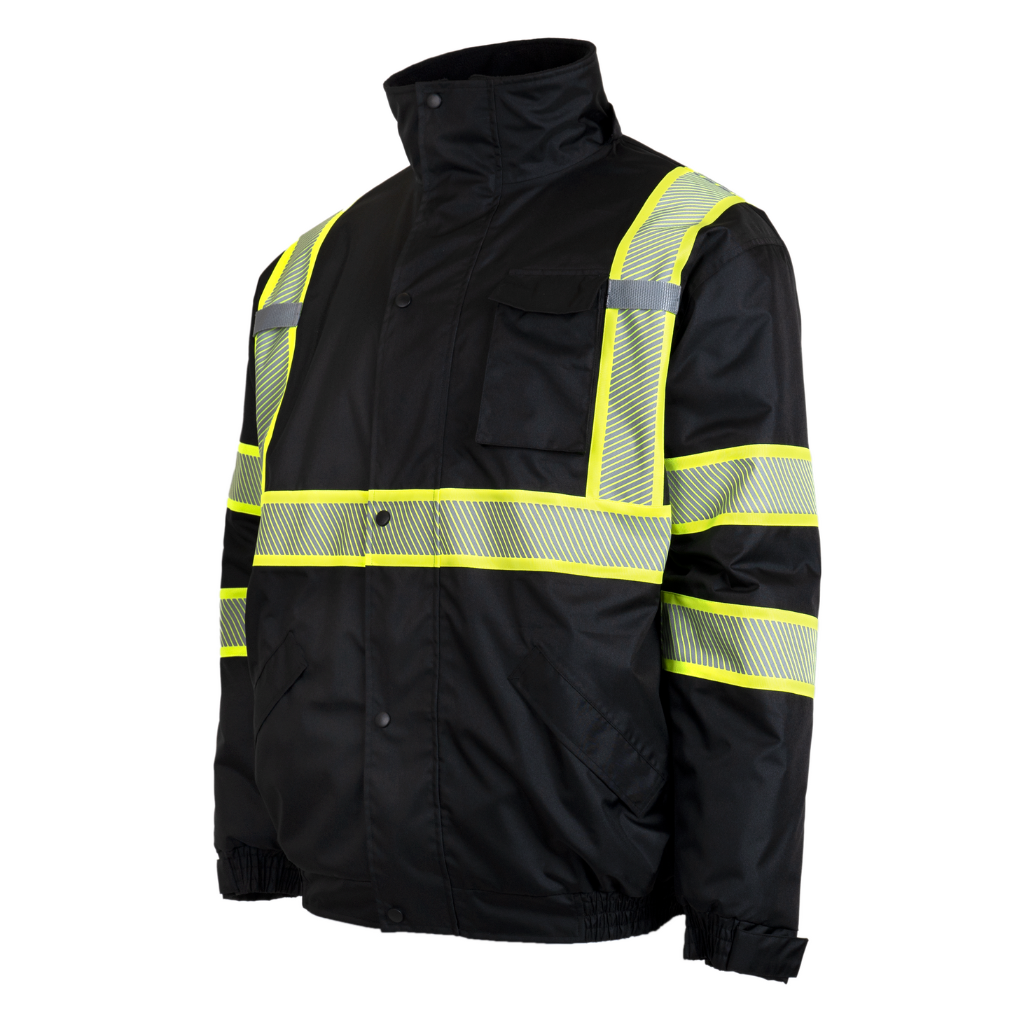 Hi-Vis Safety Jacket with Heat-Transfer Reflective Tapes and Removable Hood