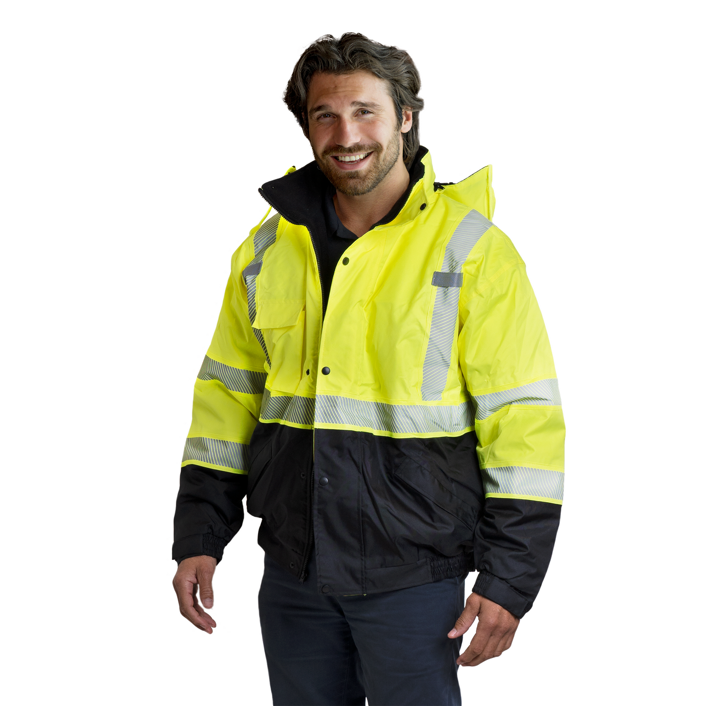 Hi-Vis Safety Jacket with Heat-Transfer Reflective Tapes and Removable Hood