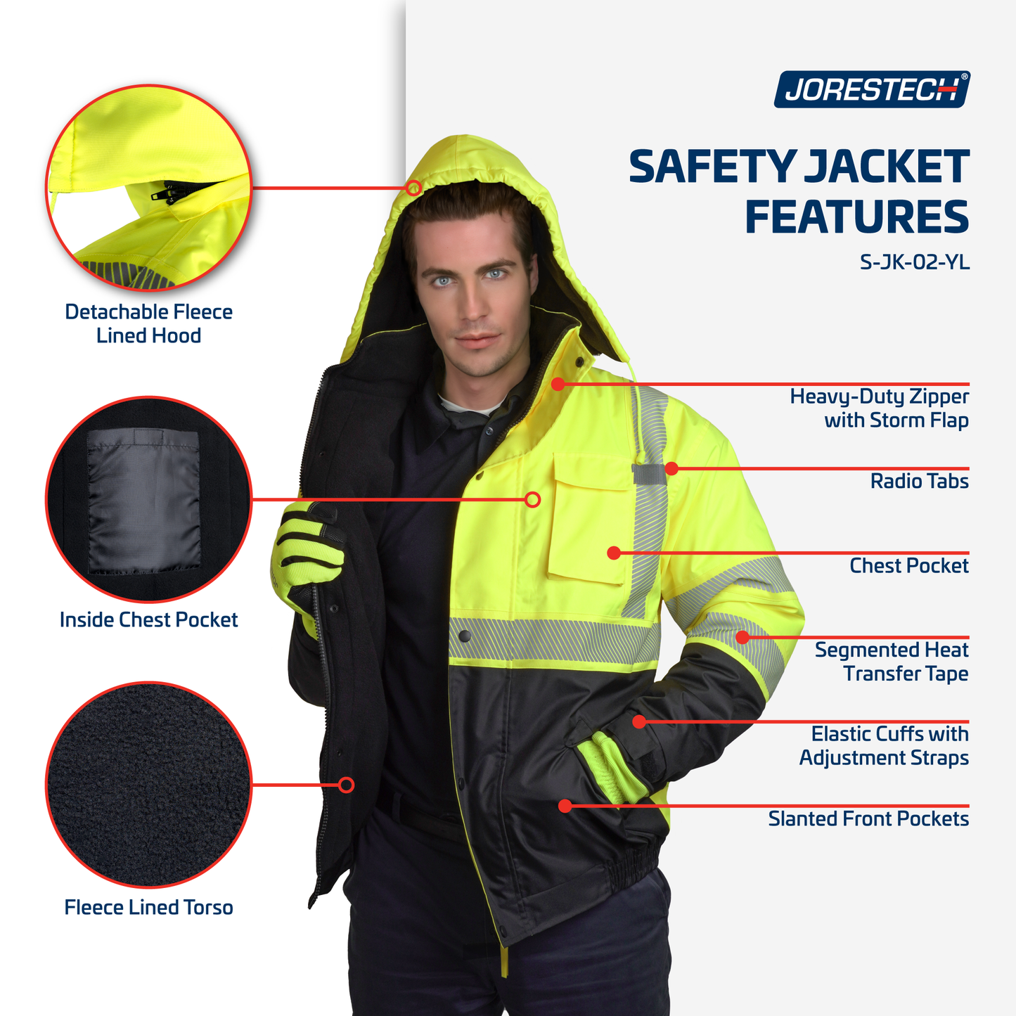 Hi-Vis Safety Jacket with Heat-Transfer Reflective Tapes and Removable Hood