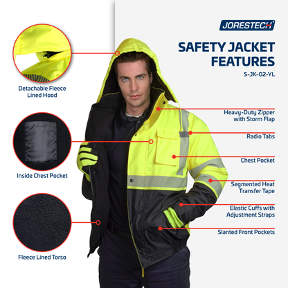 Hi-Vis Safety Jacket with Heat-Transfer Reflective Tapes and Removable Hood