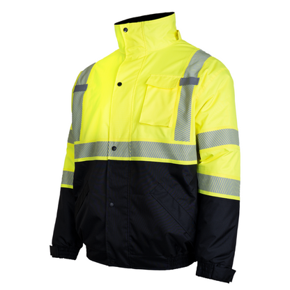 Hi-Vis Safety Jacket with Heat-Transfer Reflective Tapes and Removable Hood