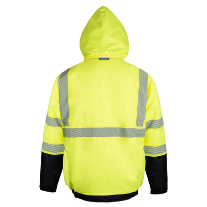 Hi-Vis Safety Jacket with Heat-Transfer Reflective Tapes and Removable Hood