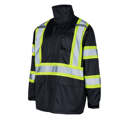 Hi Vis Two Tone Safety Rain Jacket With X Reflective Stripes
