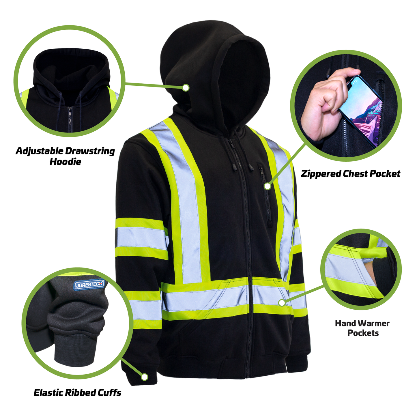 Hi-Vis Two Tone Yellow/Black Safety Hooded Sweatshirt with Reflective Stripes