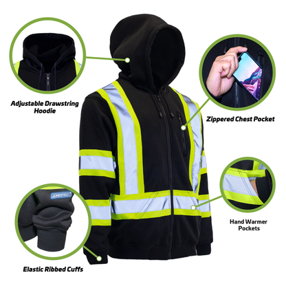 Hi-Vis Two Tone Yellow/Black Safety Hooded Sweatshirt with Reflective Stripes