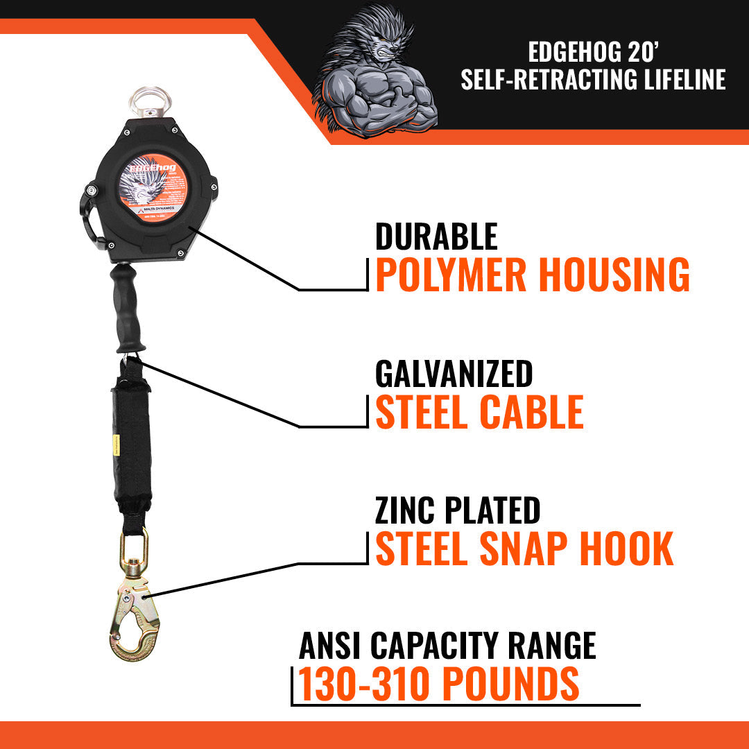 20’, 30’ & 50’ EDGEHOG SRL W/ SNAP HOOK, CLASS 2